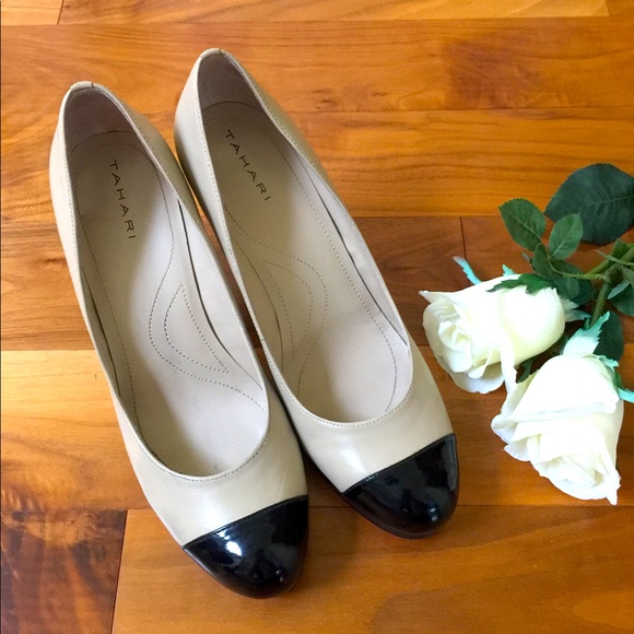 Tahari Cream beige real leather shoes black patent capped toe platform US 10 - Picture 4 of 13